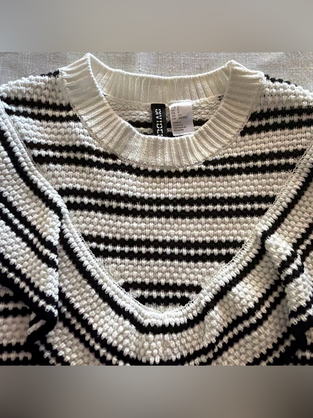 0050-Divided Black and White Striped Crewneck Sweater
